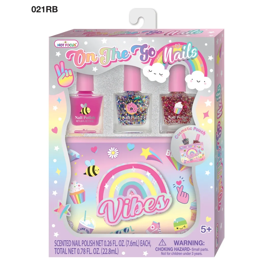 Set de 3 esmaltes perfumados a base de agua con bolsa de viaje arcoiris