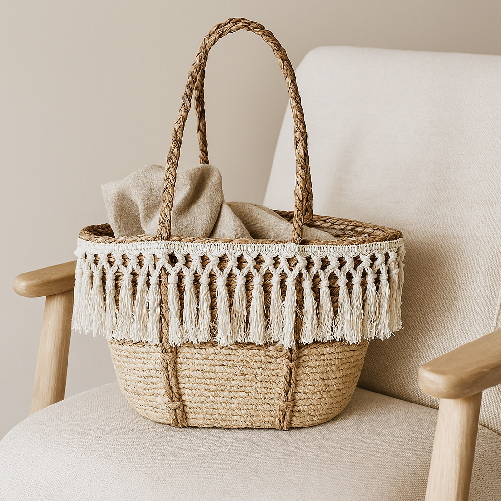 Bolso canasta con barbas de yute