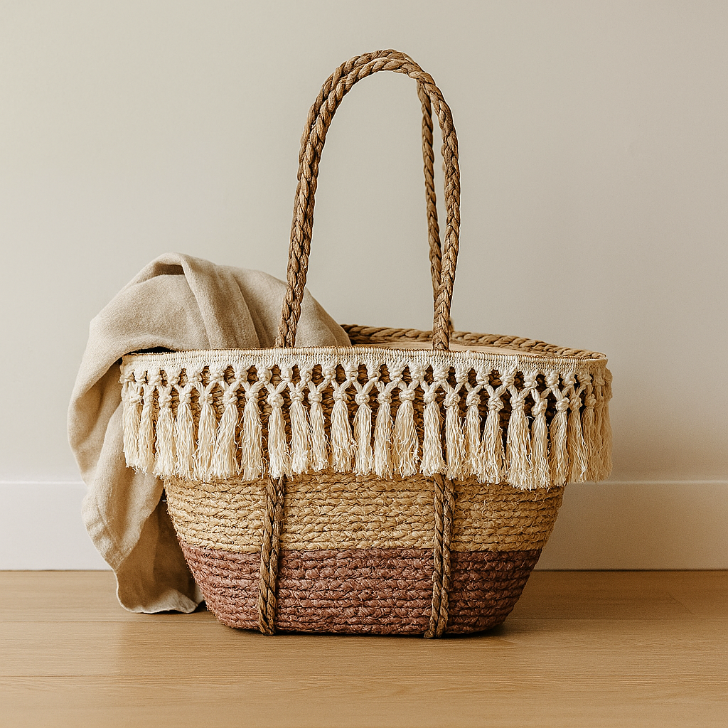 Bolso canasta con barbas de yute