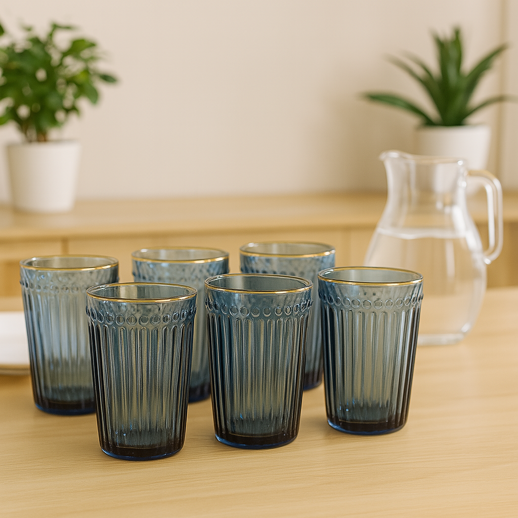 Vaso azul a rayas en set de 6