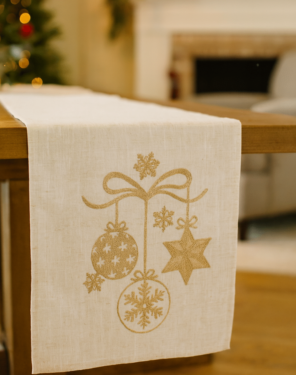 Camino de mesa beige con esferas