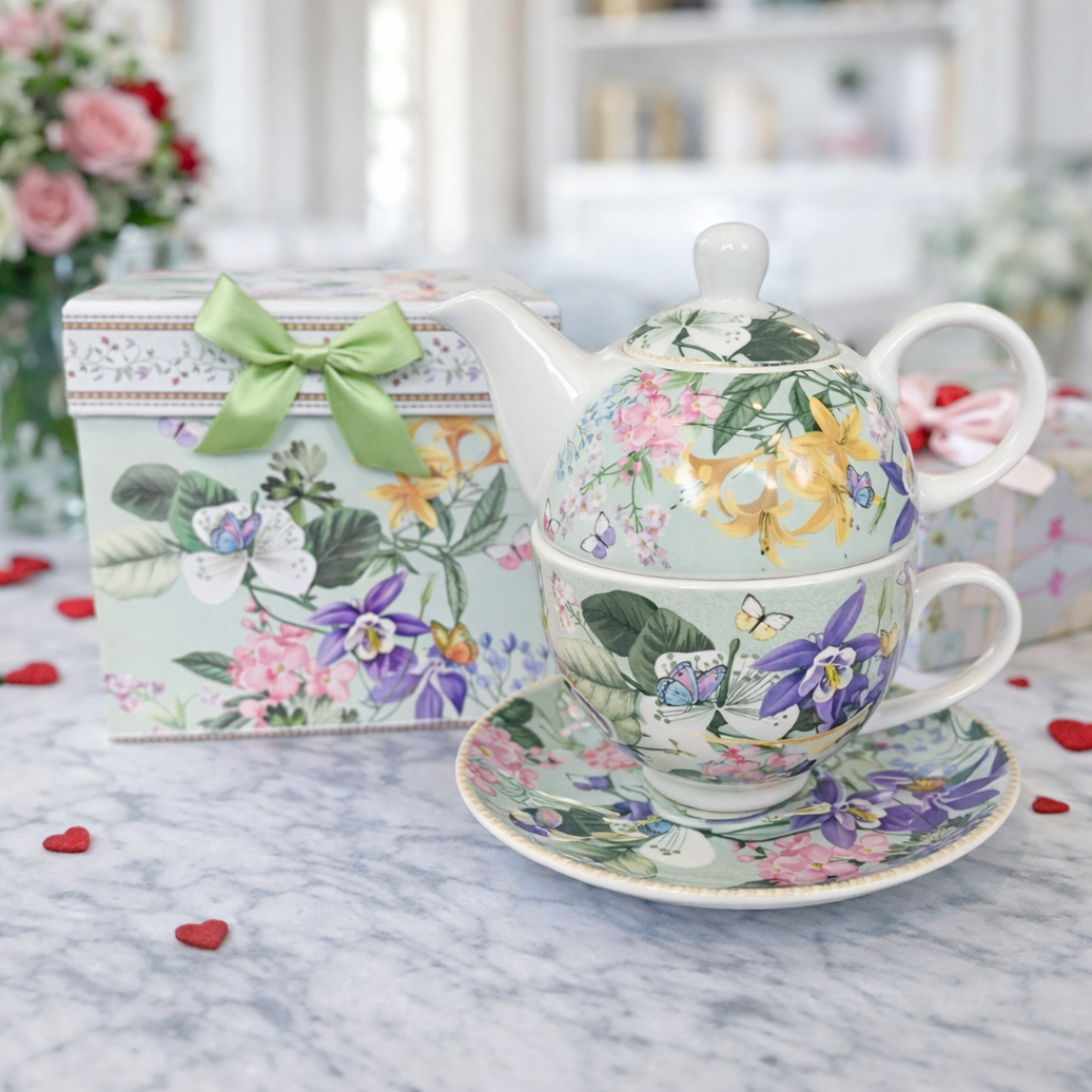 Tetera con taza de flores a colores