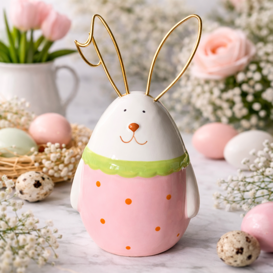 Alternative view of Conejo de pascua con orejas de metal