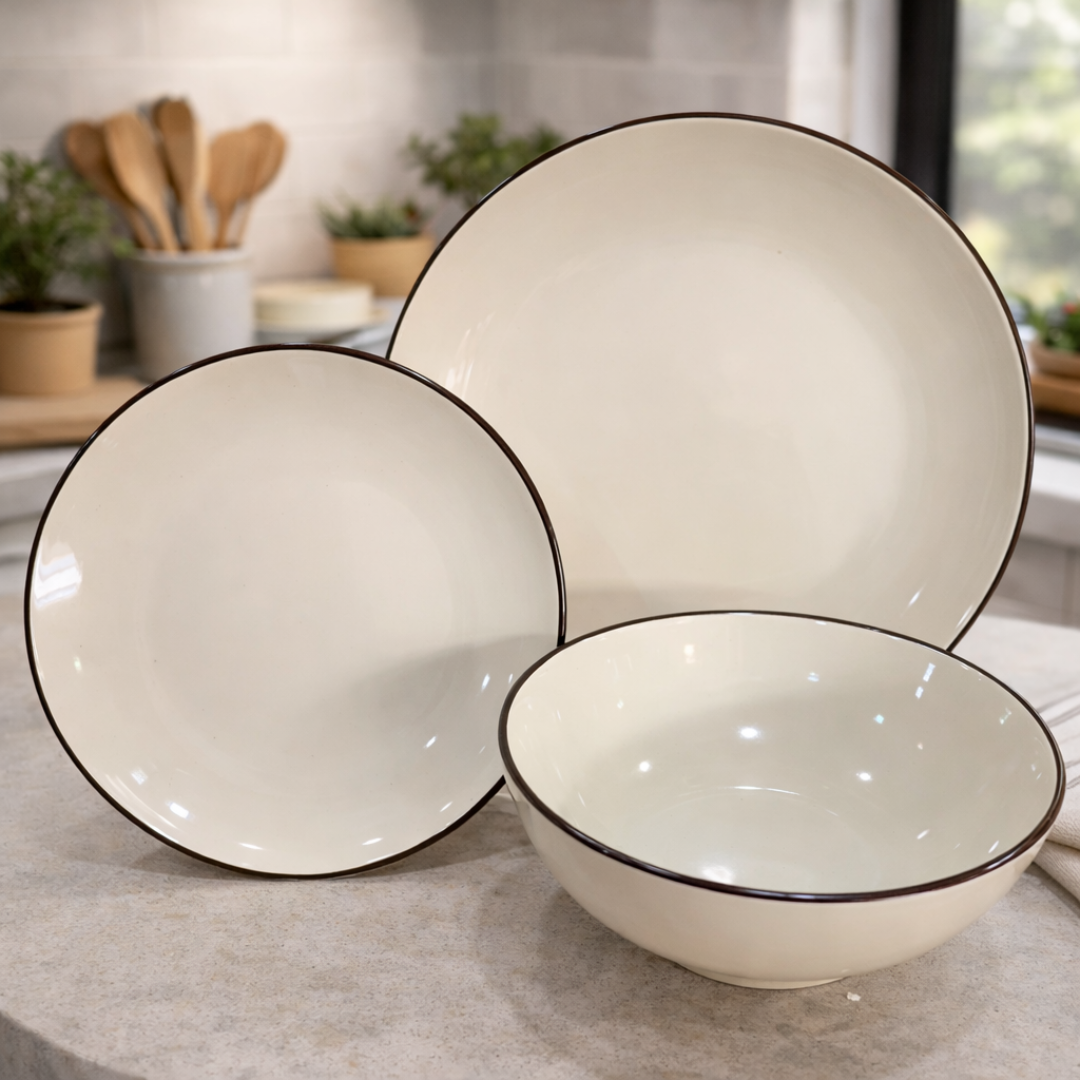 Vajilla de 18 piezas beige con borde café