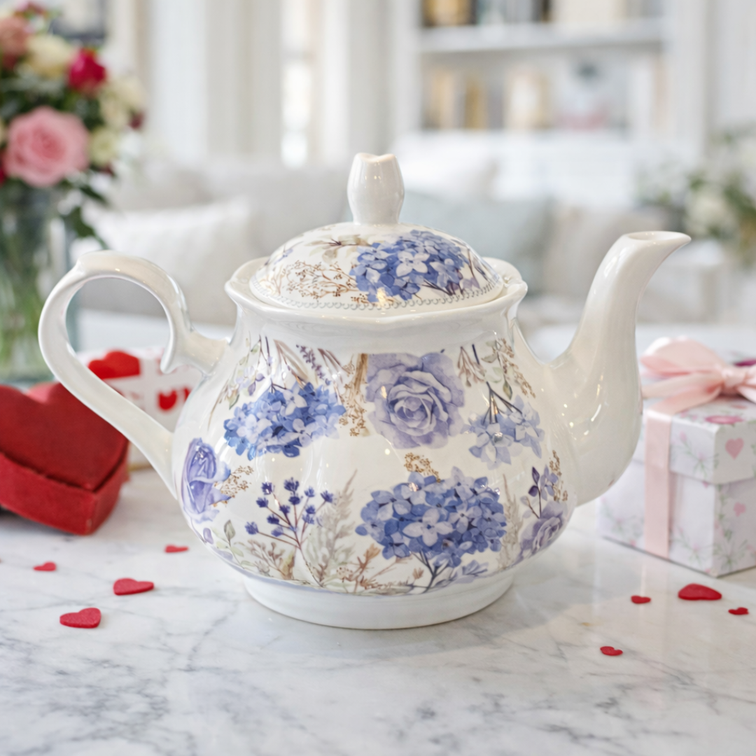 Tetera con flores azul