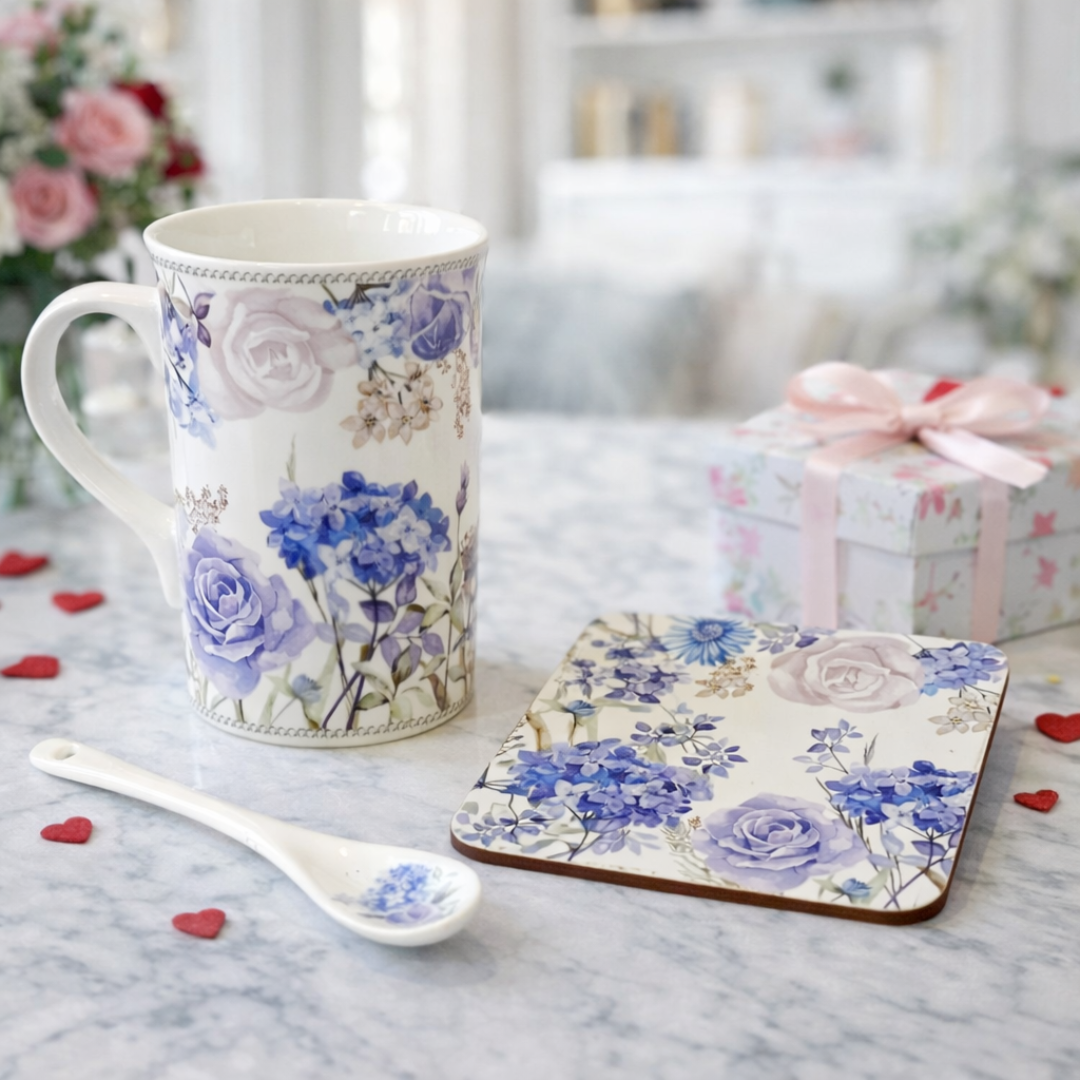 Taza con aislador de flores azul
