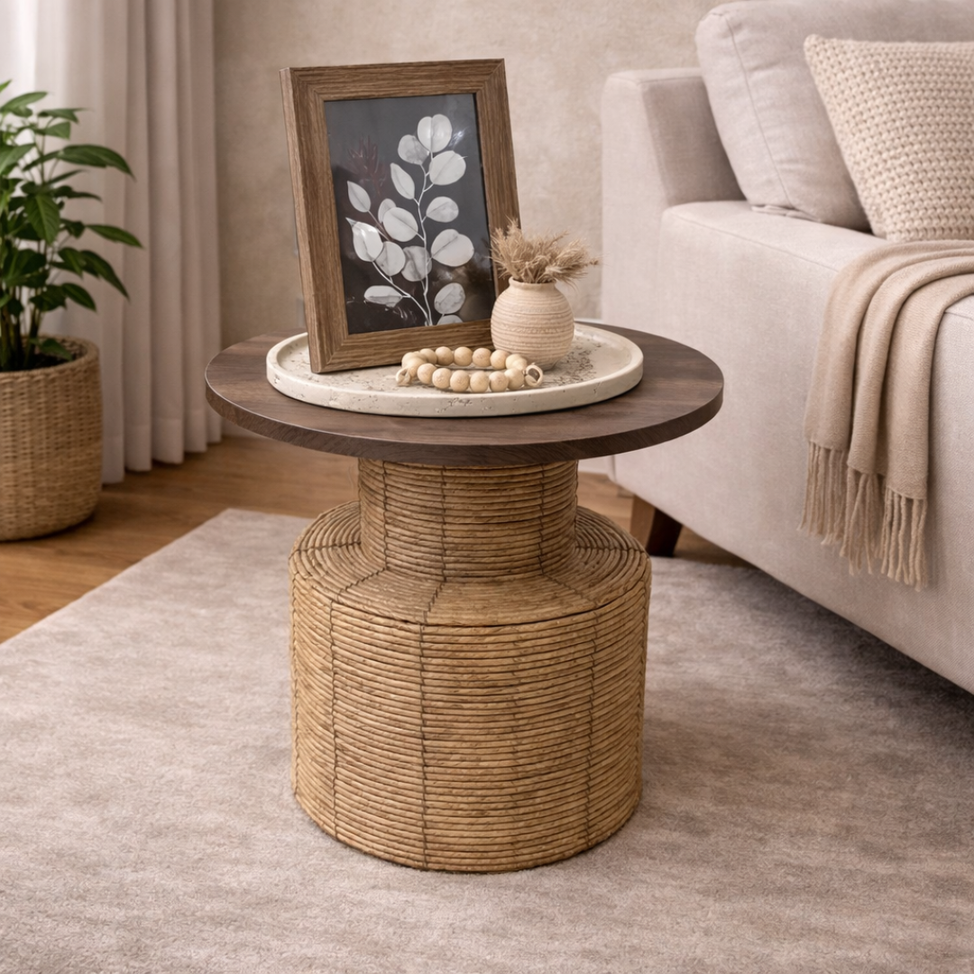 Mesa redonda de mimbre