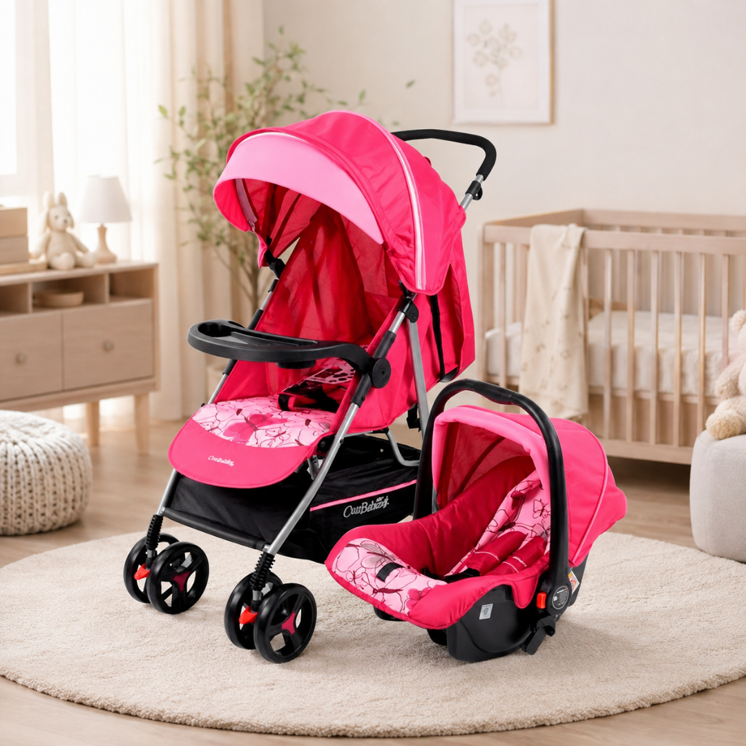 Coche con porta bebé 3 en 1 Titanio rosado mariposas
