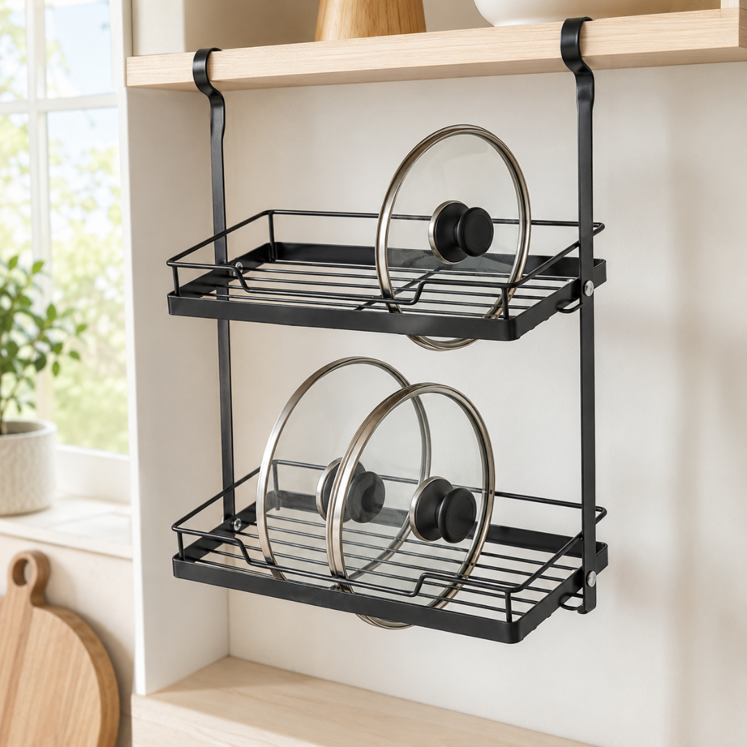 Estante negro colgante de cocina para tapas