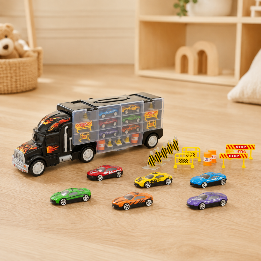 Camión transportador de carritos súper racer 1:26