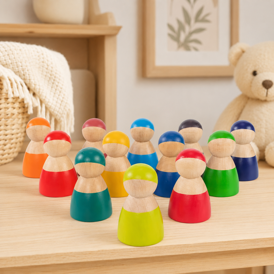 Set de 12 muñecos de madera arcoíris