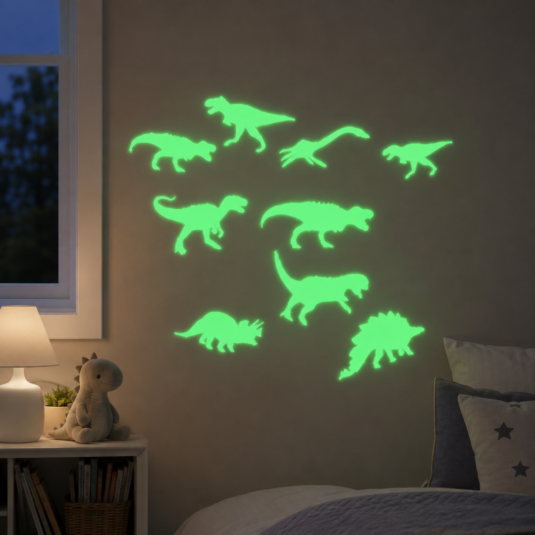 Set de arte de dinosaurios que brilla en la oscuridad