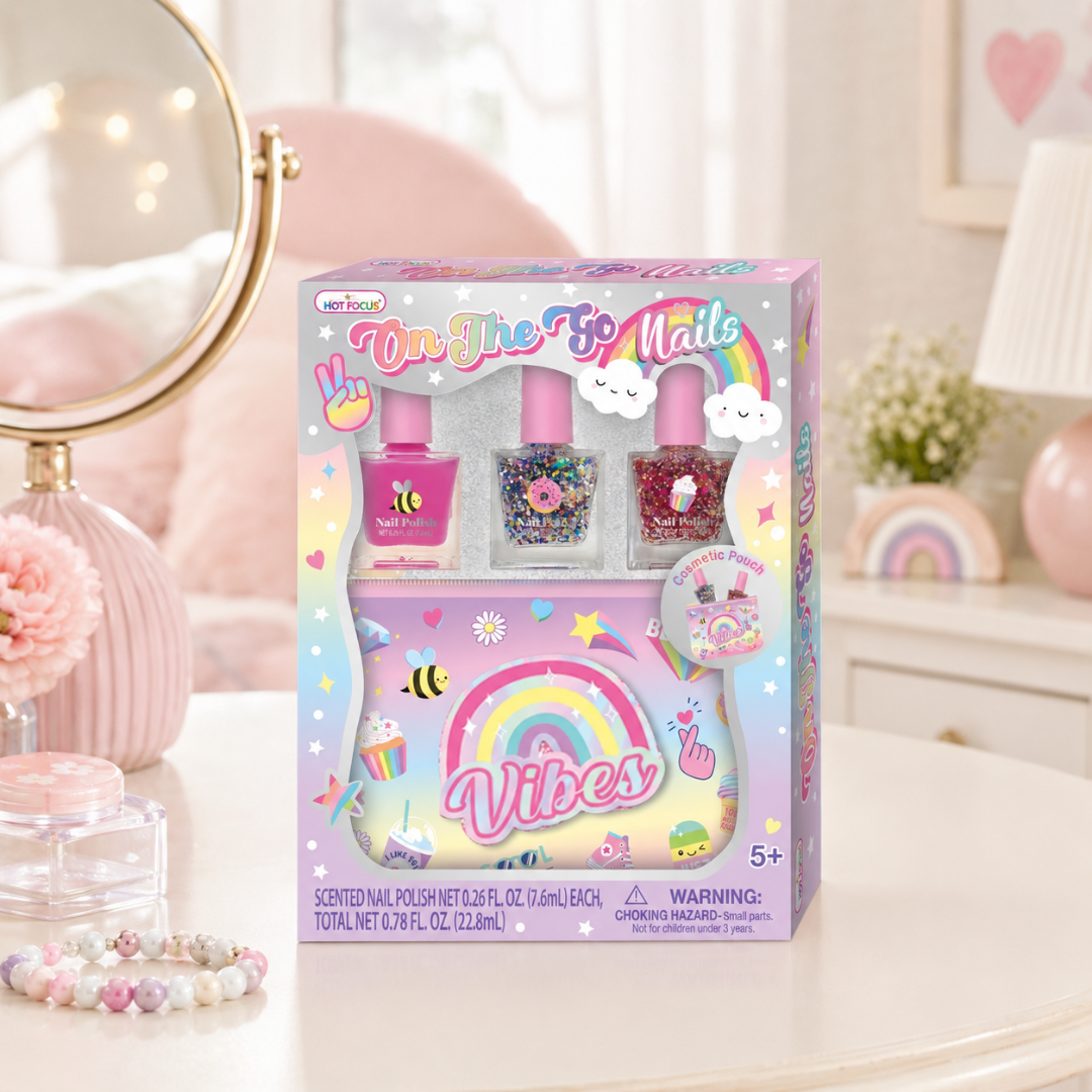 Set de 3 esmaltes perfumados a base de agua con bolsa de viaje arcoiris