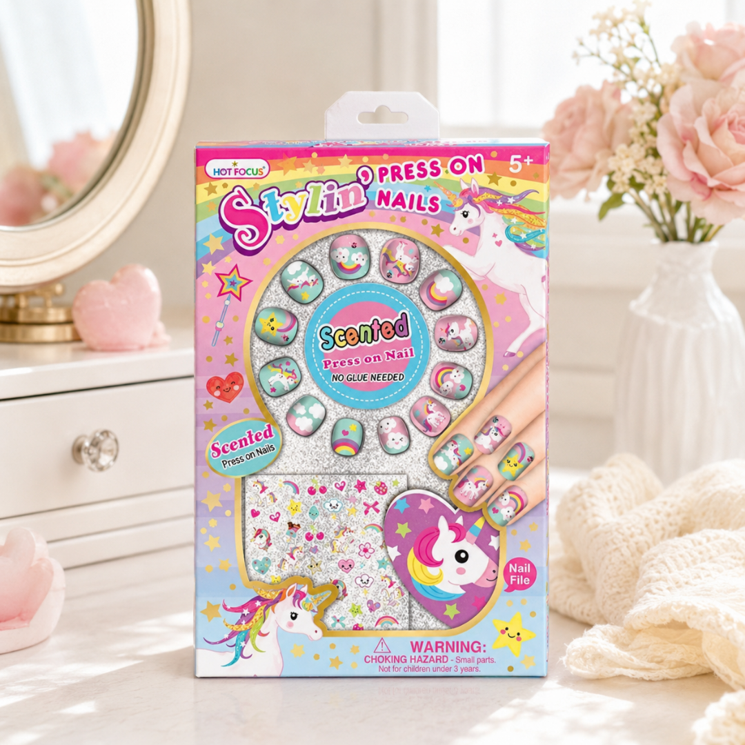 Juego de uñas con stickers de unicornio