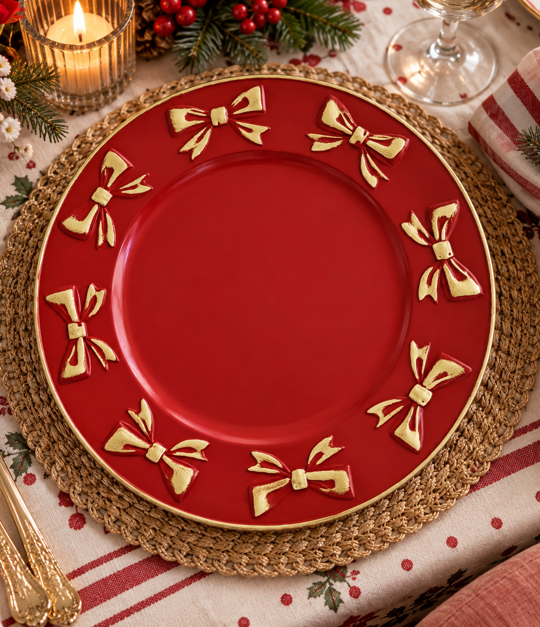 Plato Base Rojo Lazos Dorados